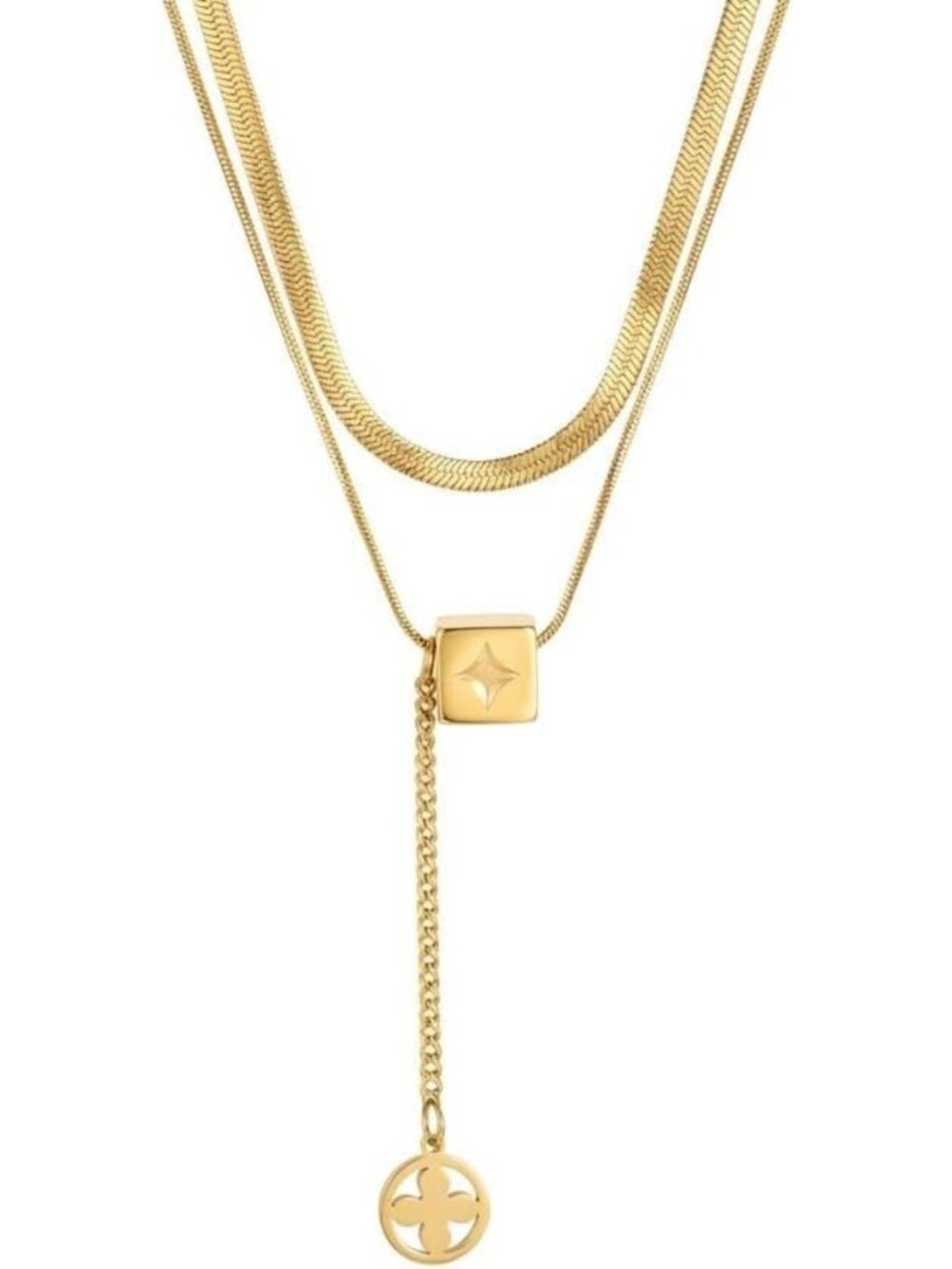 Elegant Gold Monogram Cube Pendant Necklace, Double Layer Lariat Y-Necklace, 18K